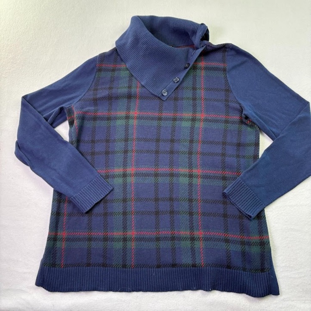 Talbots Women's Size Medium‎ Tartan Plaid Sweater Split Button Turtle Neck